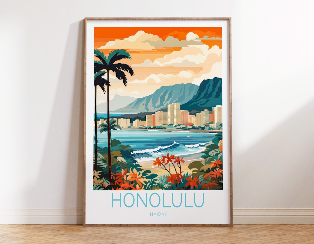 Hawaii Coastal Travel Poster, Honolulu Hawaii Travel Wall Art, Hawaii