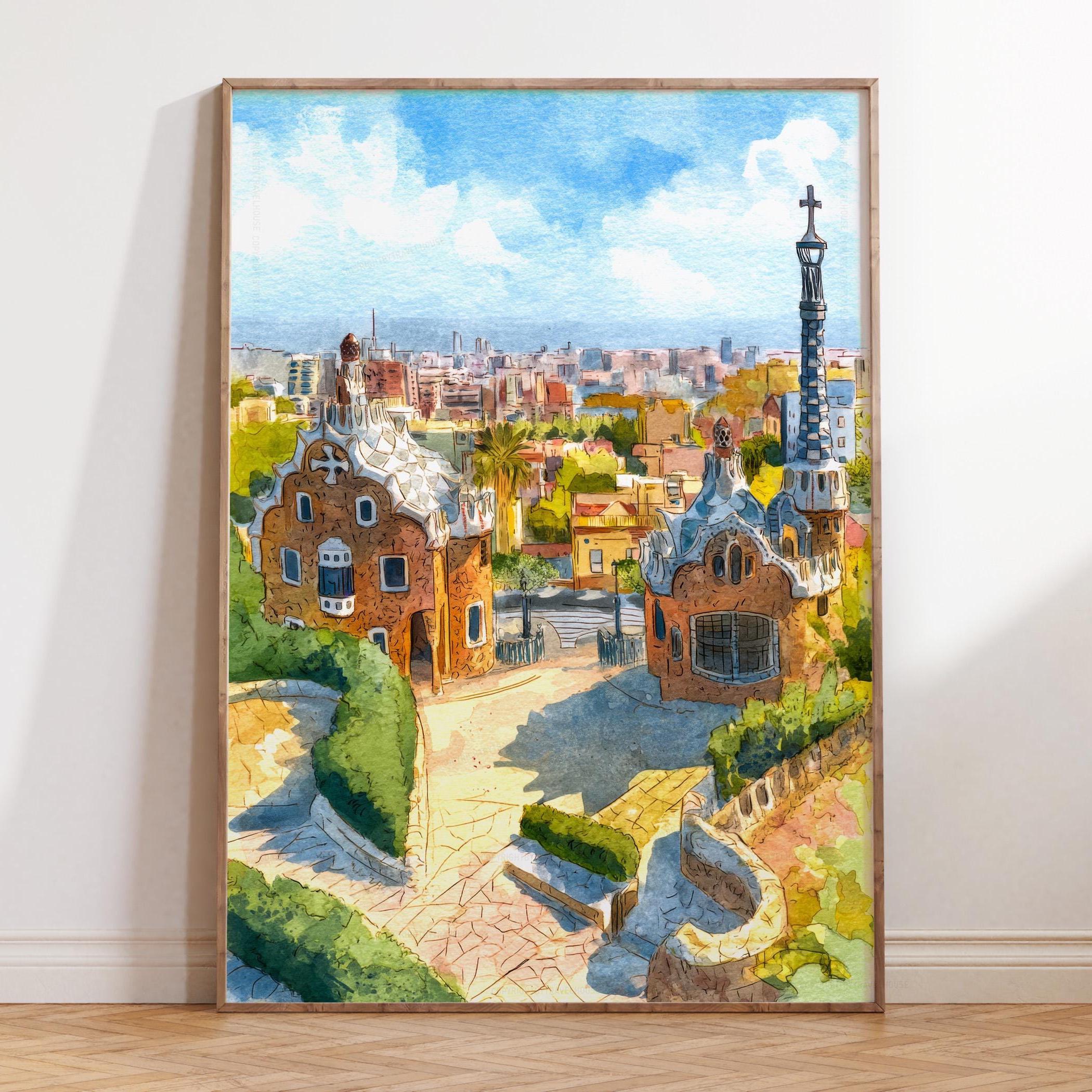 スペインの旅（水彩画） バルセロナ グエル公園、水彩ガウディ ビュー、カラフルなスペイン旅行