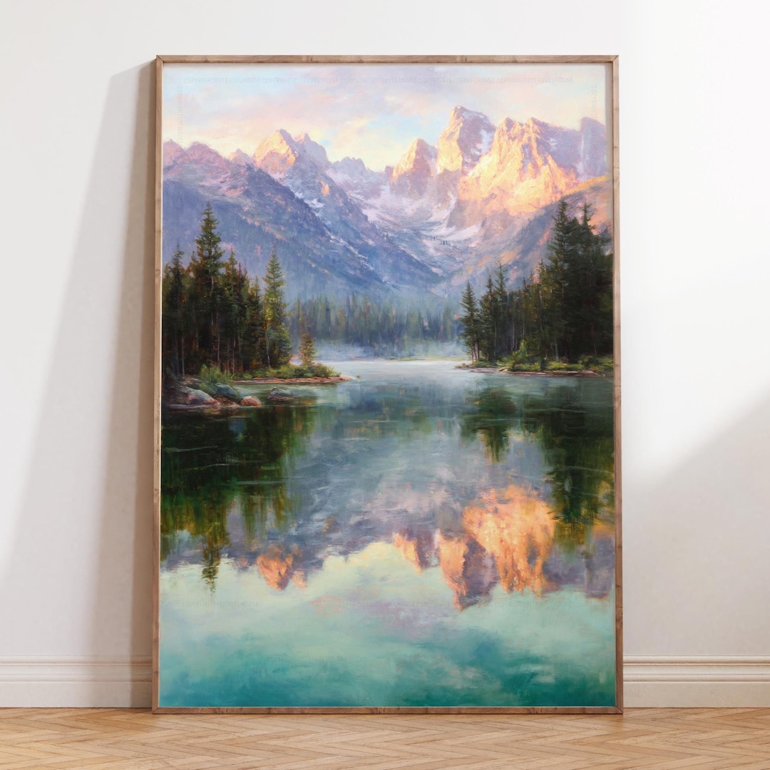 Rocky Mountains Oil Painting Print – Alpine Lake Reflection Wall Art ...