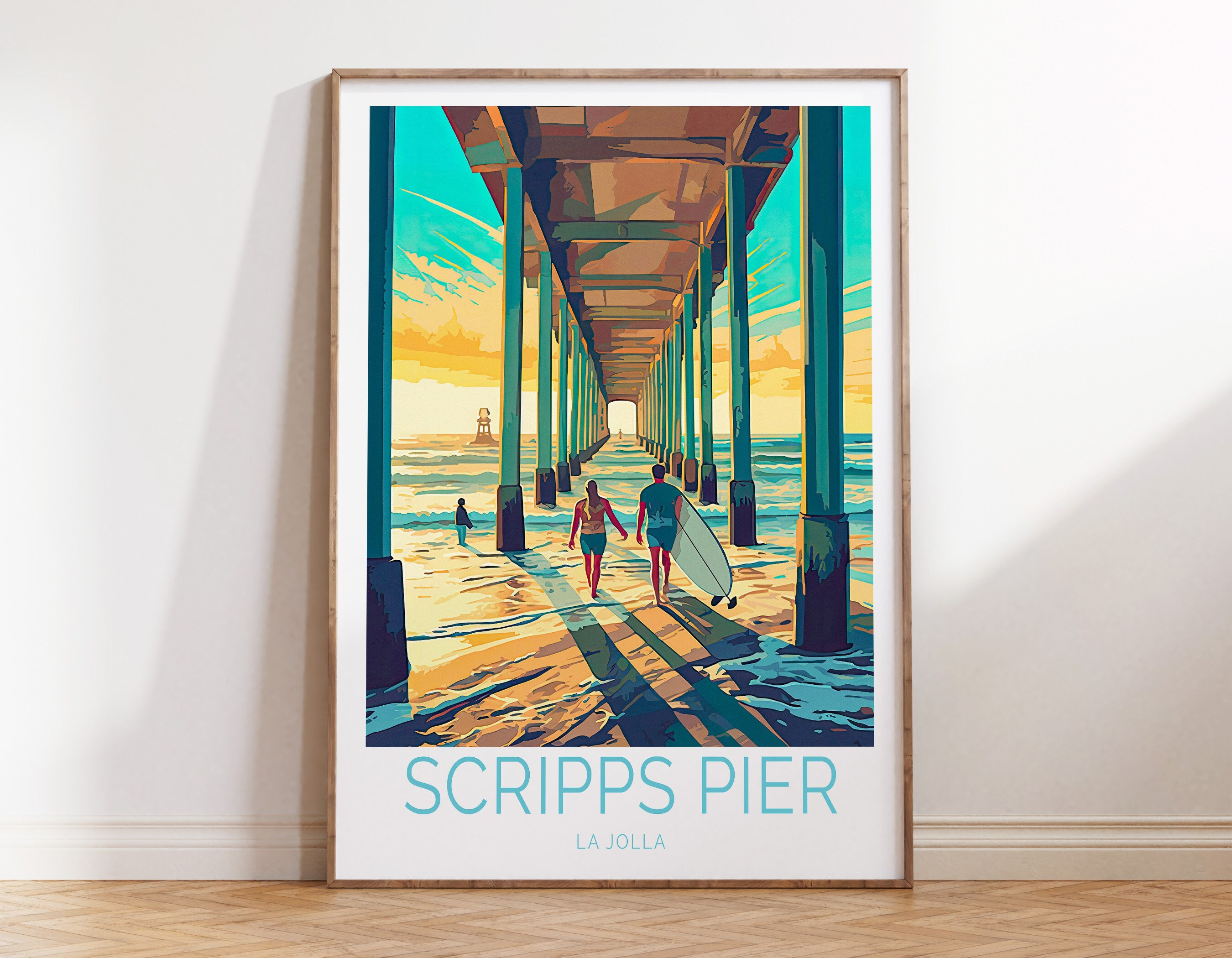 Scripps Memorial Pier La Jolla California Coastal Travel Poster, La Jolla Scripps Poster Wall Art, San Diego La Jolla Surfing