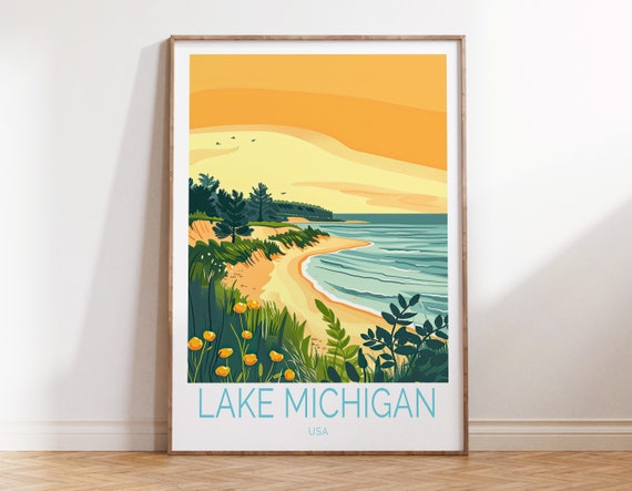 Lake Michigan Sunset Print, USA Travel Poster, USA Wall Decor, Lake Michigan Travel Wall Art, Coast Poster, Birthday Gifts