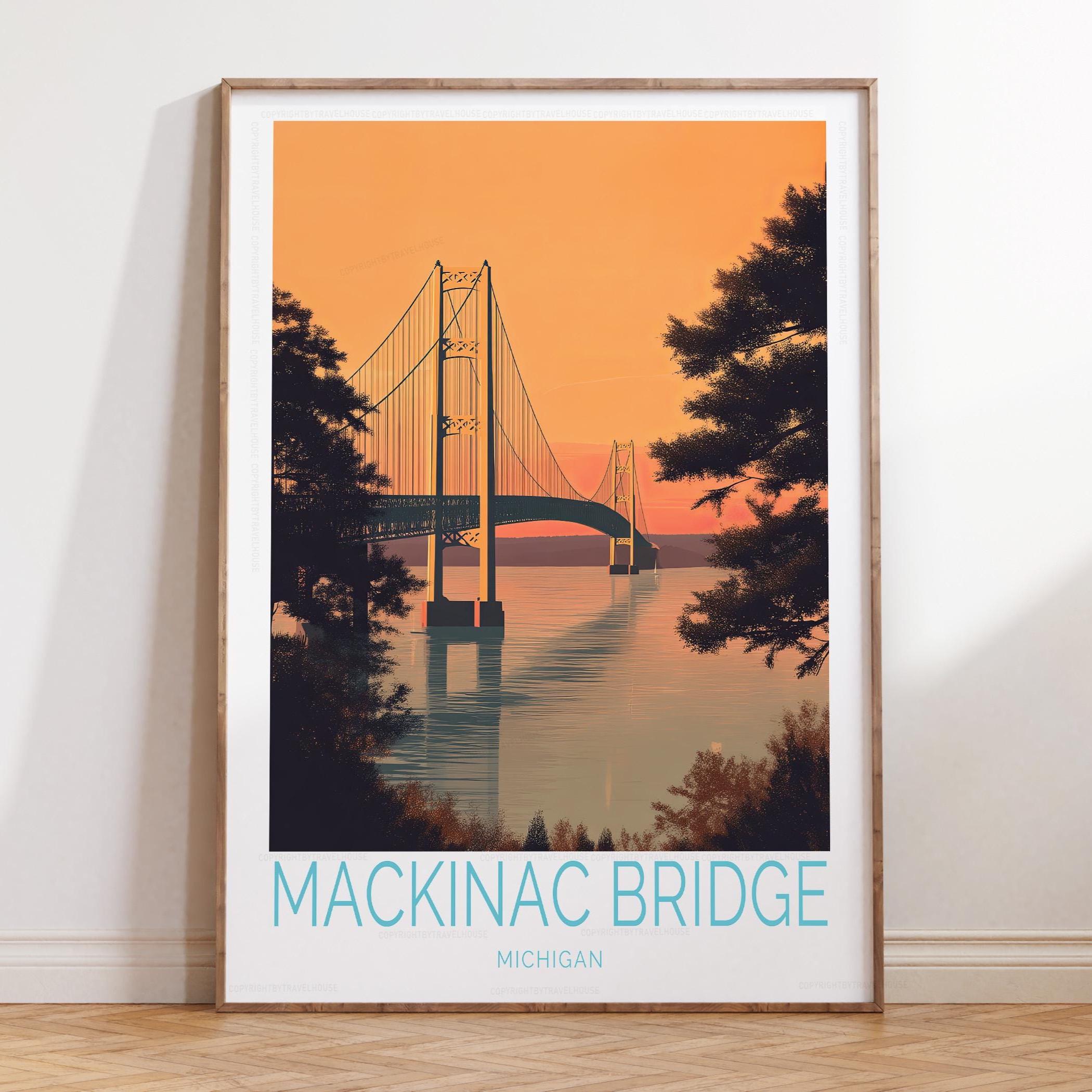 Mackinac Bridge Michigan Travel Print, Michigan Travel Poster