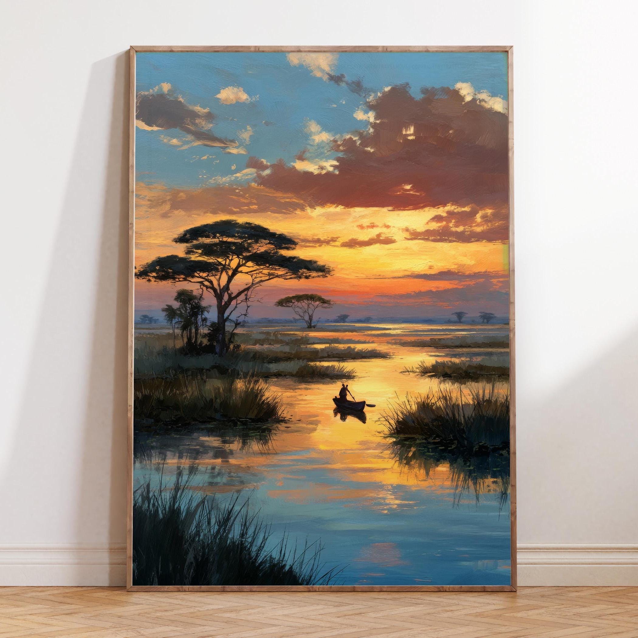 Okavango Delta Botswana, Sunset Oil Painting Art Print, African