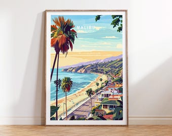 Póster de viaje a Malibú, California, arte mural de viaje a Malibú, California, impresión de Malibú, regalos personalizados de la ciudad, regalo de boda