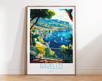 May include: A colorful illustration of a coastal town in Ravello, Italy. The image shows a view from a balcony overlooking the town, with boats in the water and lush green trees in the foreground. The text "Ravello, Italy" is printed at the bottom of the image.