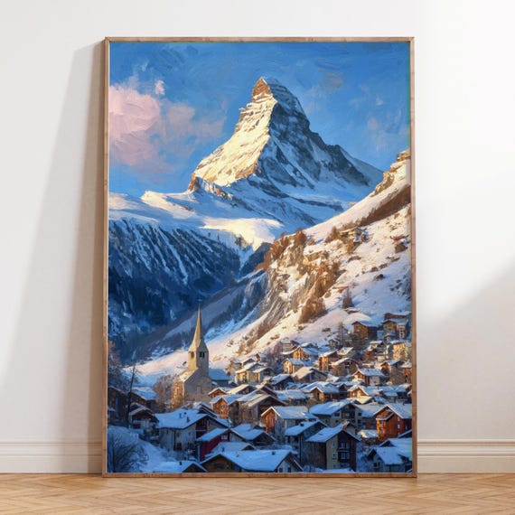 ツェルマット（スイス）の油絵 – マッターホルンの冬の風景、アルプス