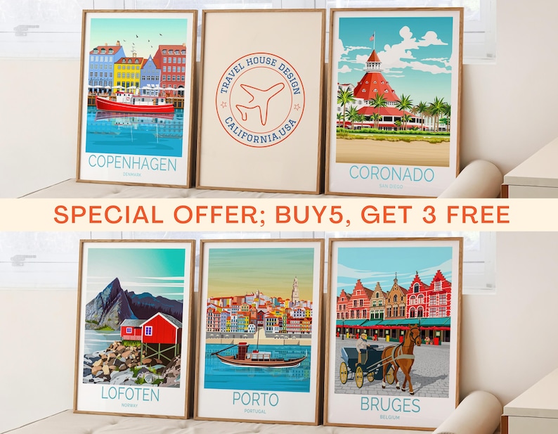 May include: A collection of framed travel posters featuring various destinations. The posters showcase colorful illustrations of Copenhagen, Coronado, Lofoten, Porto, and Bruges. The text "SPECIAL OFFER; BUY5, GET 3 FREE" is also visible.