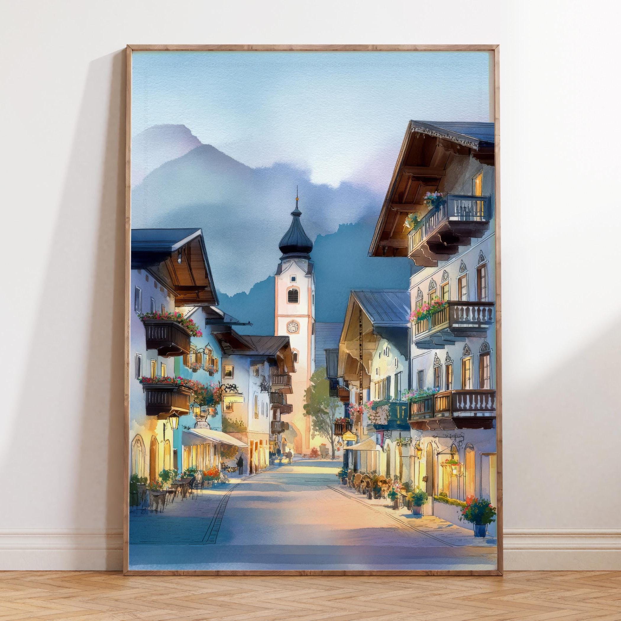 Watercolor Street Scene, St Johann in Tirol Austria, Alpine