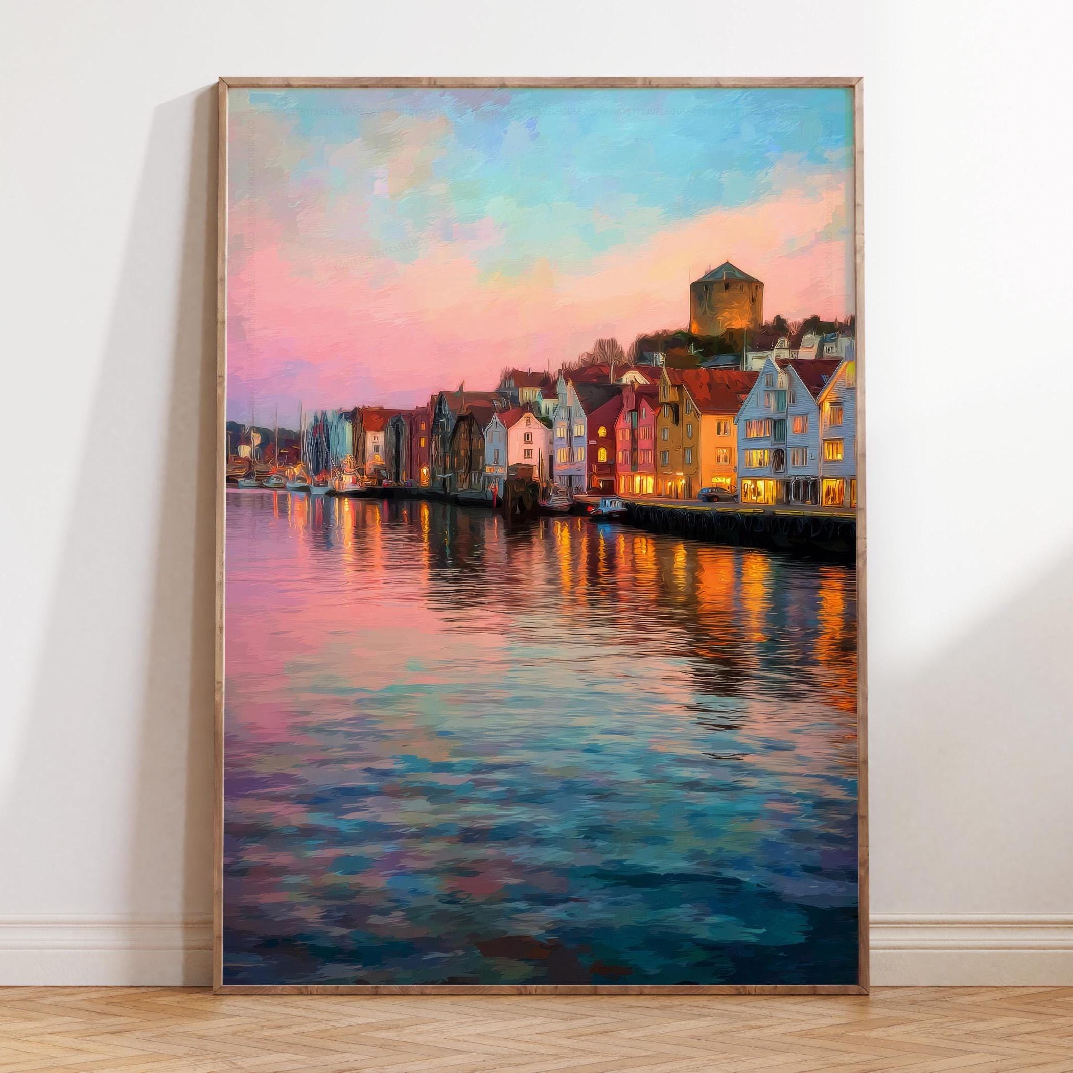 Oil Painting Stavanger Norway, Waterfront Sunset View, Nordic