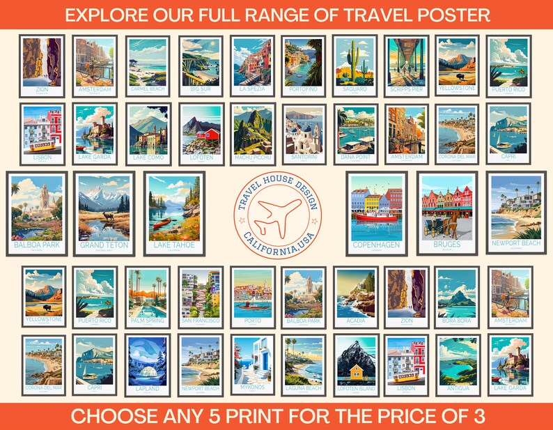 May include: A collage of travel posters featuring various destinations around the world. The posters are in a vintage style with colourful illustrations and text. The text includes the names of the destinations, such as "Grand Teton", "Lake Tahoe", "Copenhagen", and "Bruges". The posters are arranged in a grid pattern and are surrounded by a white border. The text "Explore Our Full Range of Travel Posters" appears at the top of the collage. The text "Choose Any 5 Print for the Price of 3" appears at the bottom of the collage.