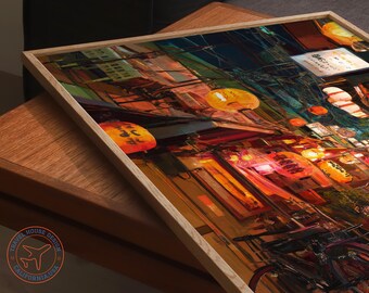 Tokyo Japan Oil Painting – Lantern Street Night Scene Wall Art