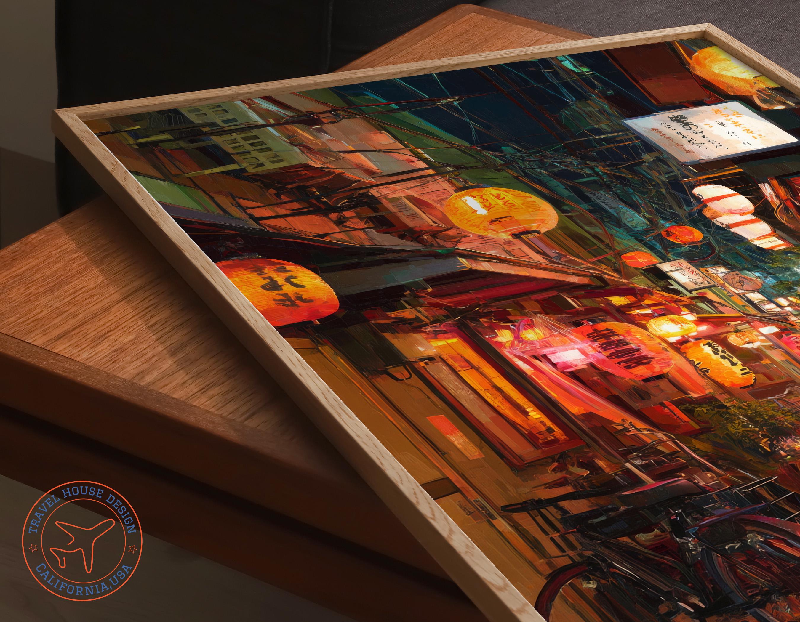 Tokyo Japan Oil Painting – Lantern Street Night Scene Wall Art