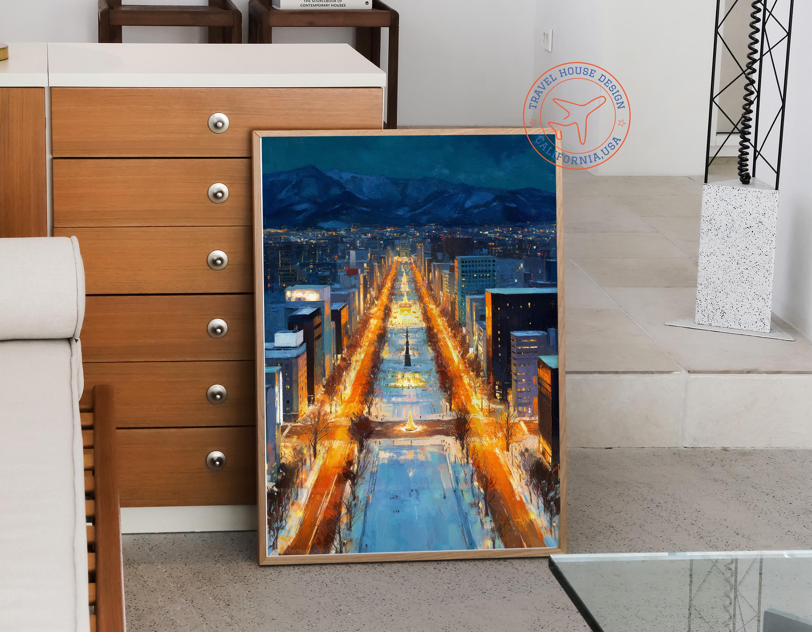 Oil Painting Sapporo Japan, Winter City Lights Avenue, Night