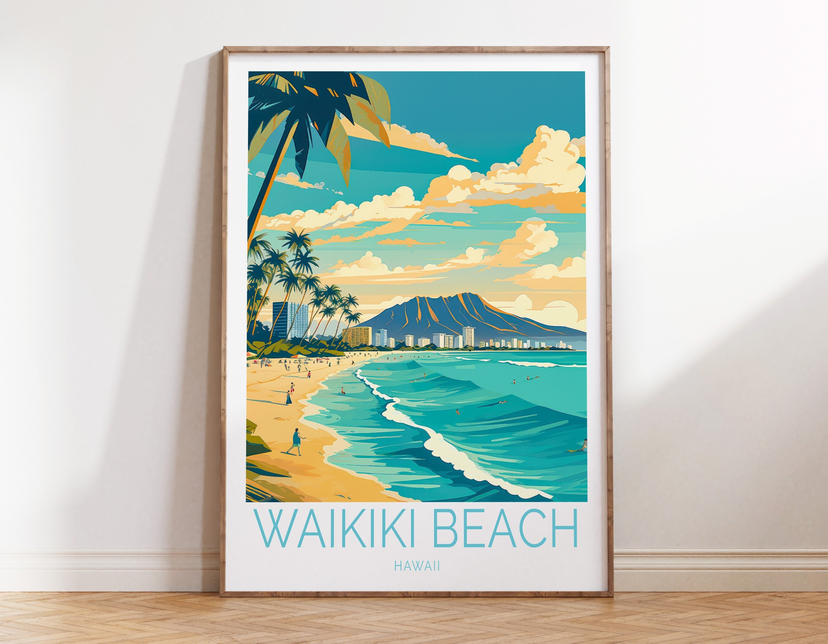 Hawaii Waikiki Beach Coastal Travel Poster, Waikiki Hawaii Trail