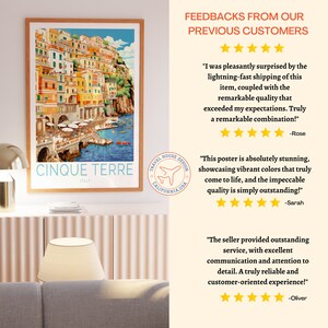 May include: A colourful poster depicting a scenic view of Cinque Terre, Italy, with a vibrant blue sea and colourful buildings. The poster is framed and features a travel house design logo in the bottom right corner. The poster is accompanied by customer reviews praising the quality and service.