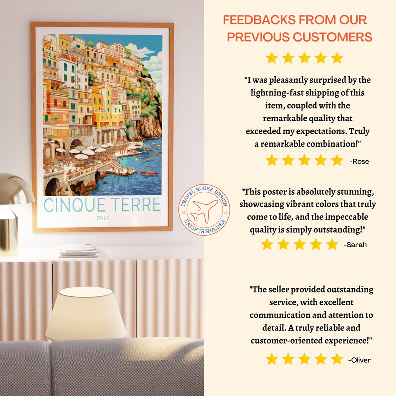May include: A colourful poster depicting a scenic view of Cinque Terre, Italy, with a vibrant blue sea and colourful buildings. The poster is framed and features a travel house design logo in the bottom right corner. The poster is accompanied by customer reviews praising the quality and service.