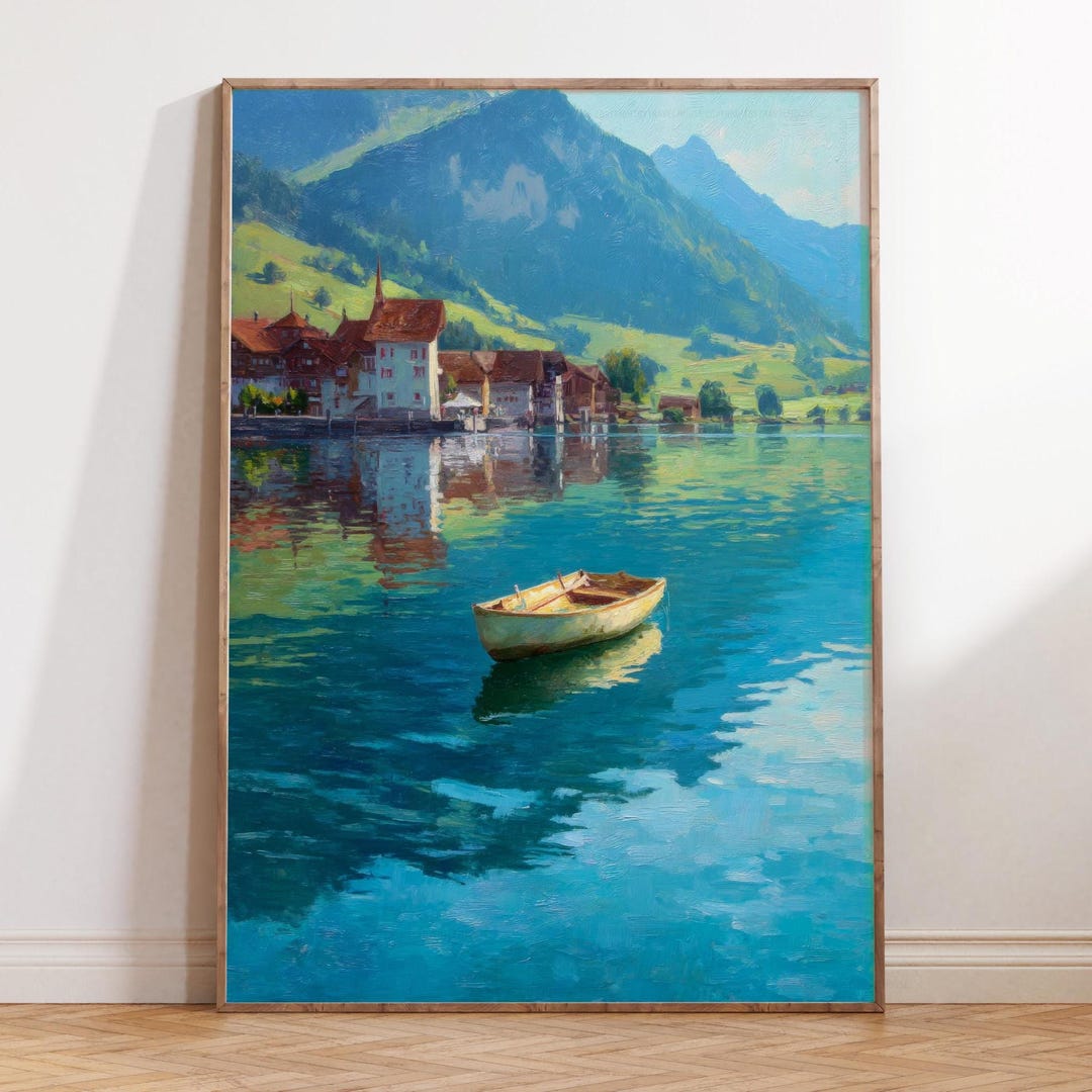 Oil Painting Rigi Switzerland, Alpine Lake Art, Mountain Village