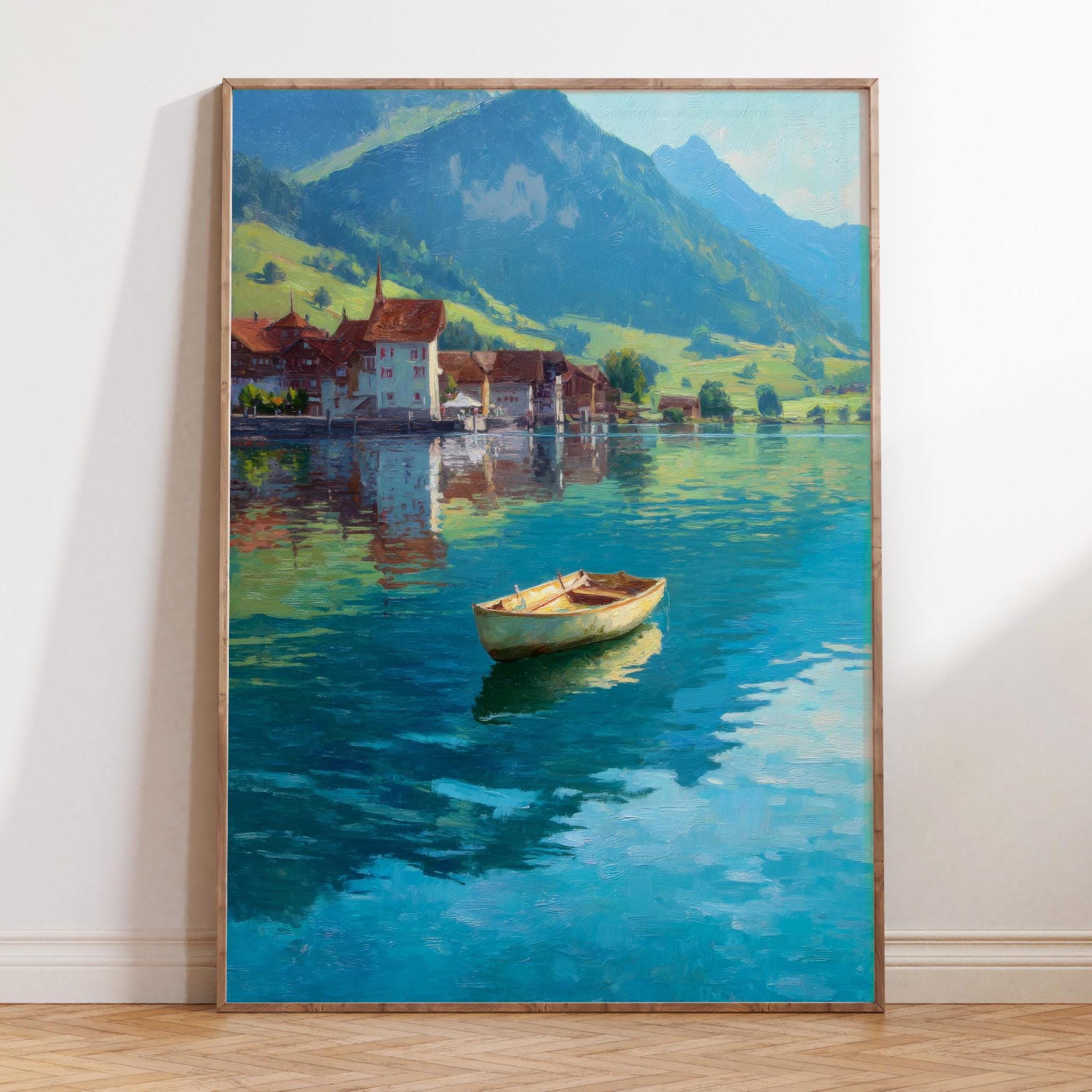 Oil Painting Rigi Switzerland, Alpine Lake Art, Mountain Village