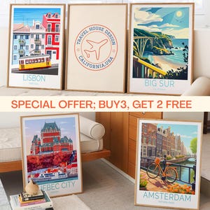 May include: A set of six framed travel posters featuring illustrations of various cities, including Lisbon, Big Sur, Quebec City, and Amsterdam. The posters are displayed on a wall and a shelf, with a special offer of buy three, get two free.