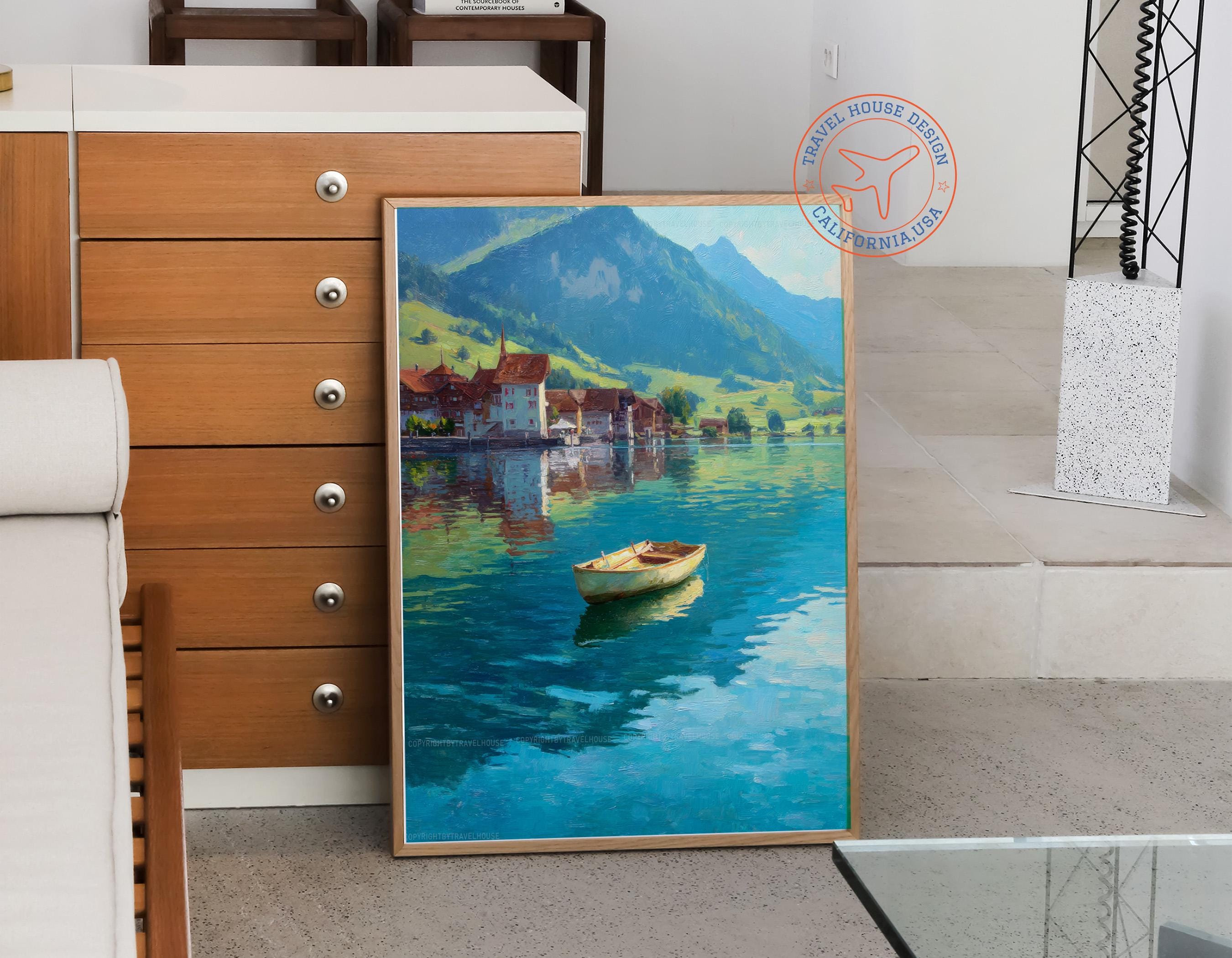 Oil Painting Rigi Switzerland, Alpine Lake Art, Mountain Village