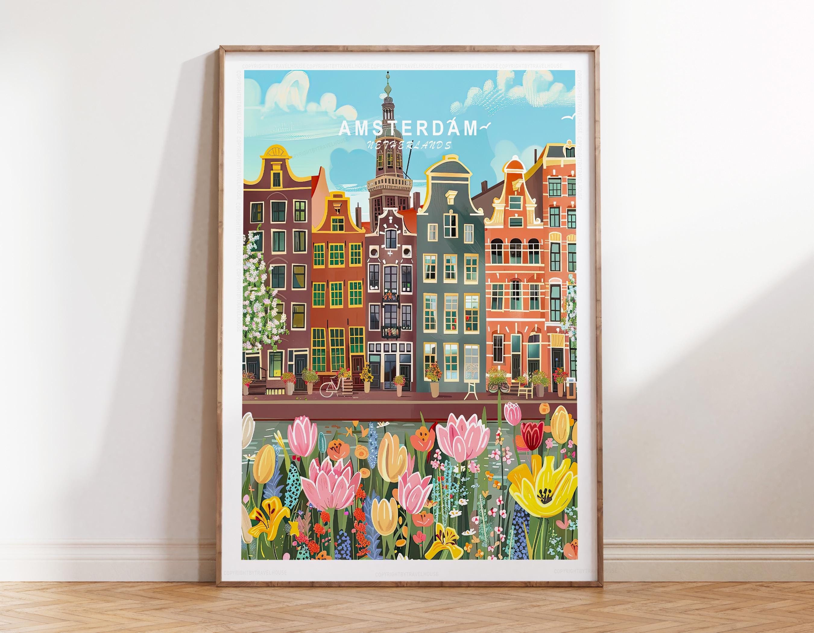 Amsterdam Travel Poster, Amsterdam Netherlands Travel Wall Art, Netherlands Travel Print, Home Decor, Birthday Present