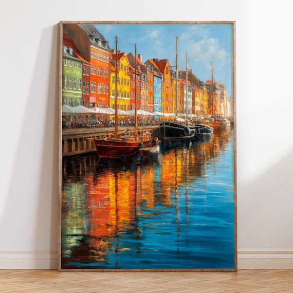 Copenhagen Denmark Oil Painting – Nyhavn Harbor Wall Art, Colorful