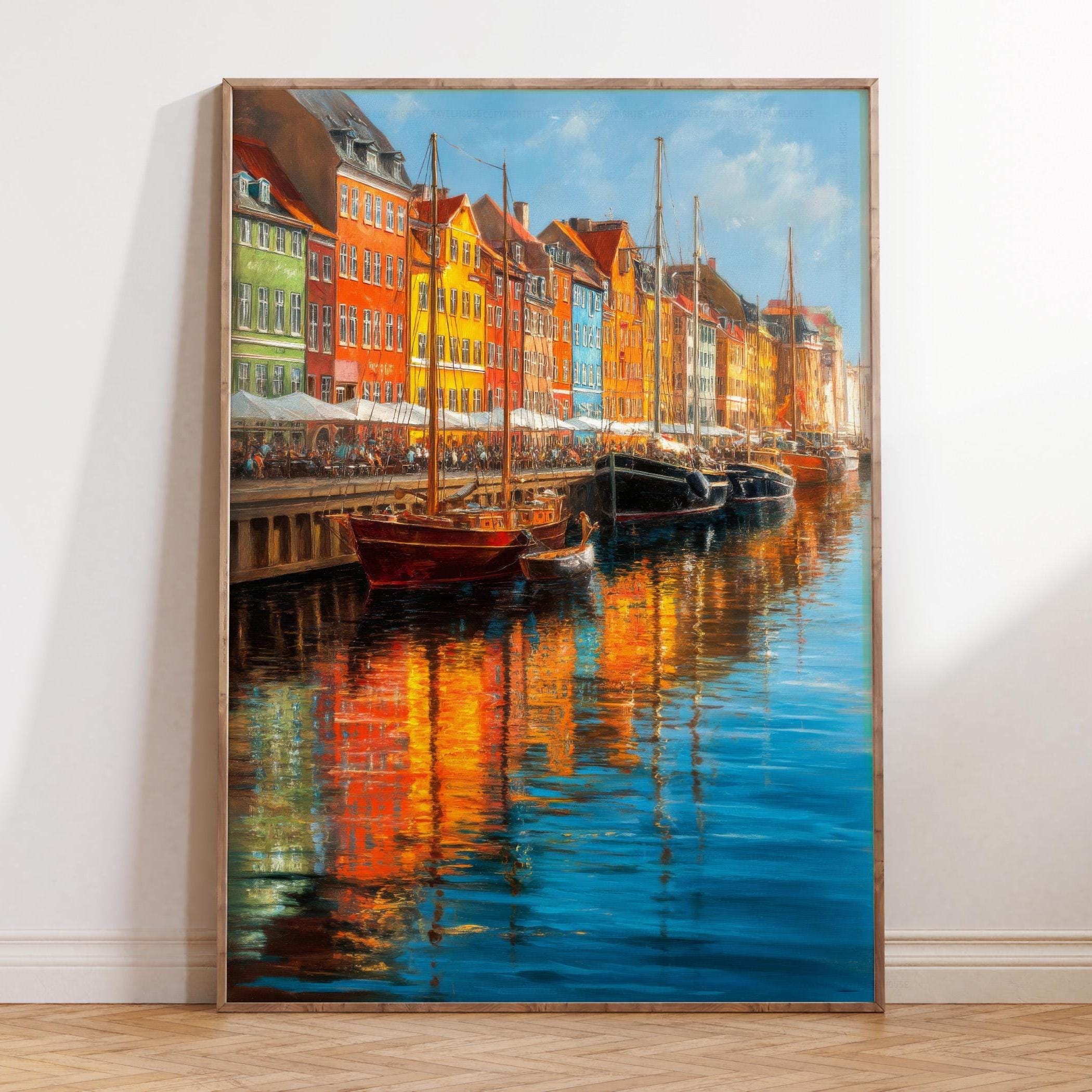 Copenhagen Denmark Oil Painting – Nyhavn Harbor Wall Art, Colorful