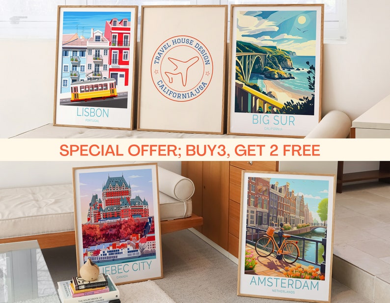 May include: A collection of framed travel art prints. The prints feature illustrations of Lisbon, Portugal; Big Sur, California; Quebec City, Canada; and Amsterdam, Netherlands. The prints have a wooden frame and are displayed on a light-colored surface. The text "TRAVEL HOUSE DESIGN" is visible.