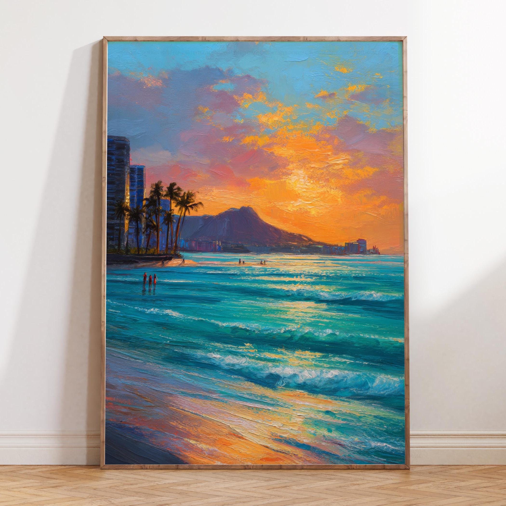 油絵　アート　ハワイ　サンセット　海の絵 ワイキキビーチ ハワイ 油絵 – トロピカルサンセットシースケープ
