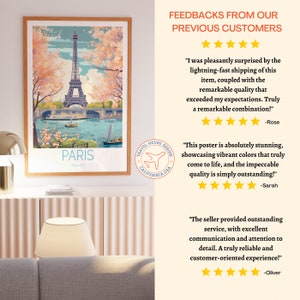 May include: A vintage travel poster featuring a colorful illustration of the Eiffel Tower in Paris, France. The poster has a red, white, and blue color scheme and includes the text "Paris, France".