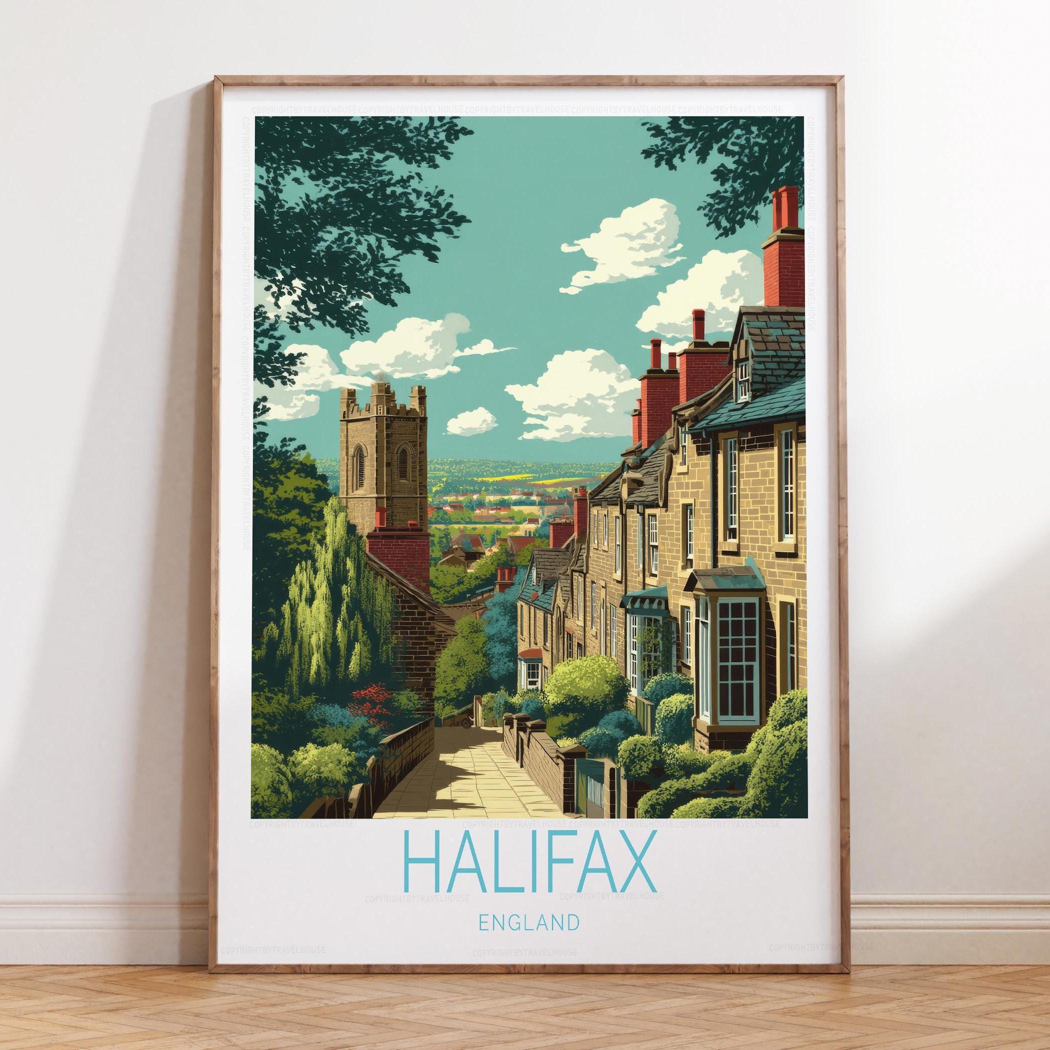 Travel Poster Halifax England, Yorkshire Town Print, UK Wall Art