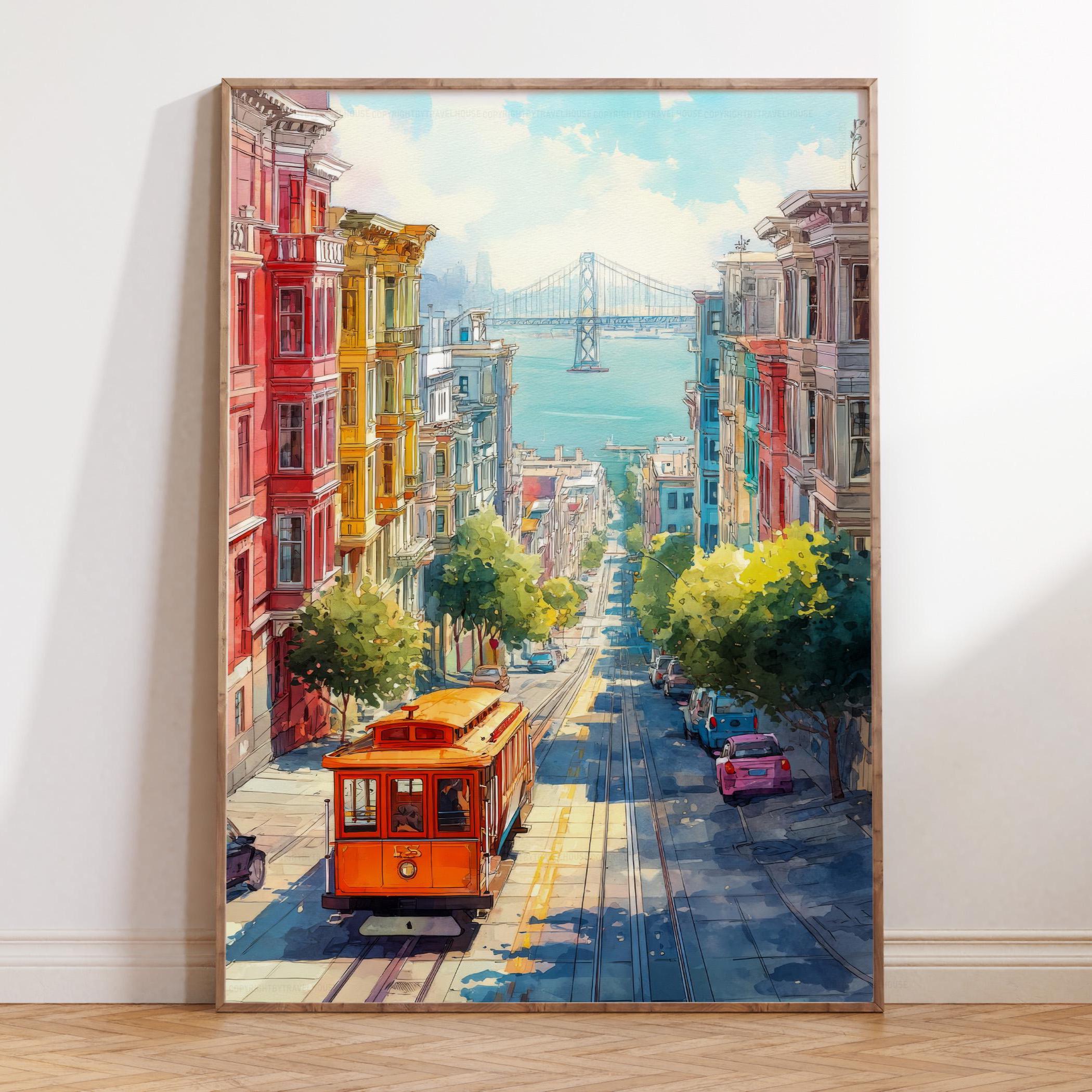 San Francisco California Watercolor Painting – Cable Car Cityscape