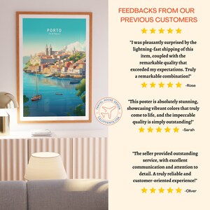 May include: A framed poster with a colorful illustration of the city of Porto, Portugal. The poster has a travel-themed design with a plane and the words "Travel House Design California USA". The poster is surrounded by positive customer reviews.