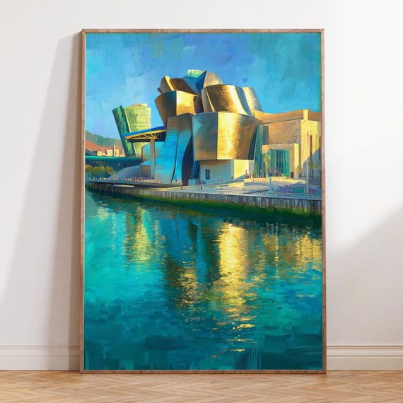 Bilbao Guggenheim Museum, Spain Waterfront Scene, Oil Painting