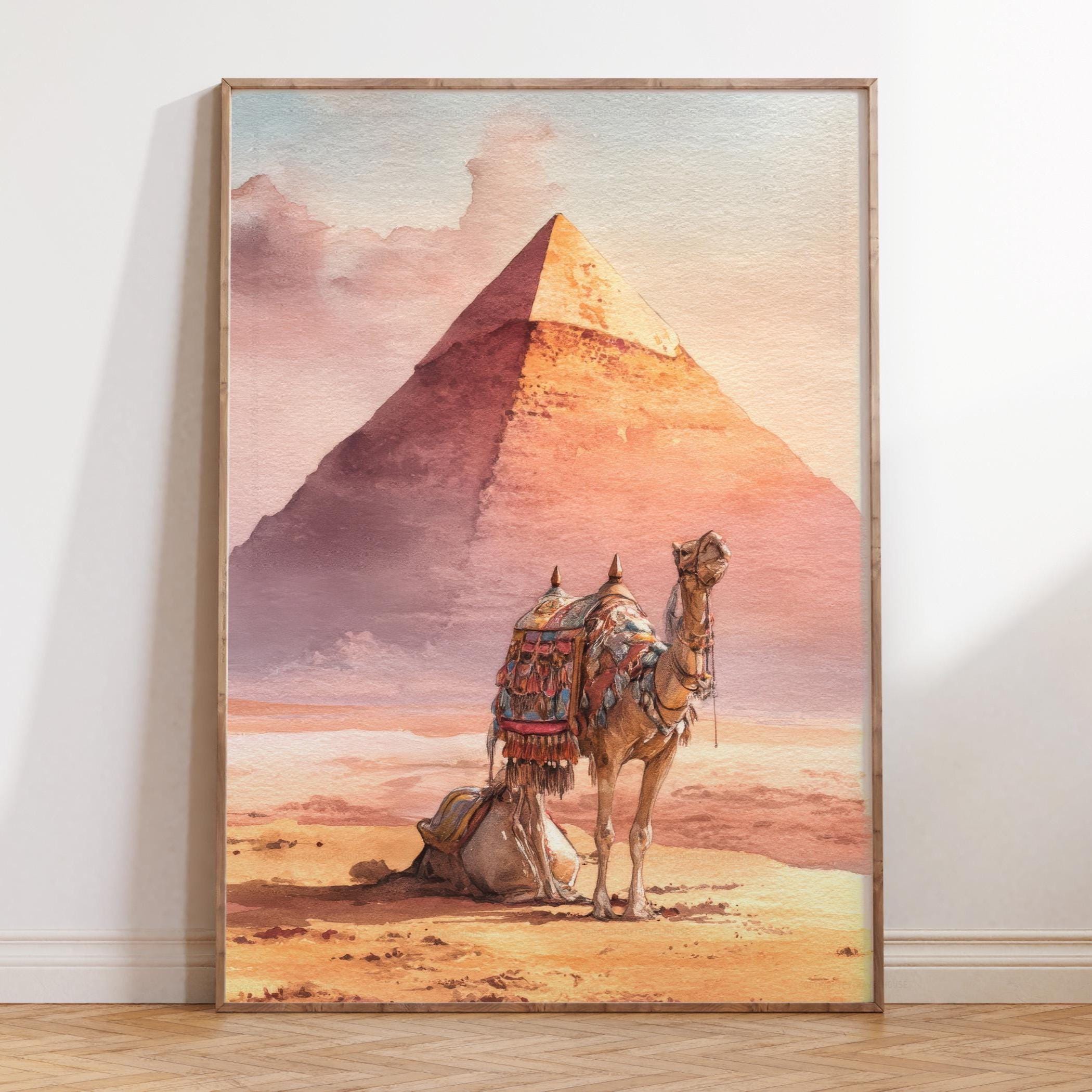 Cairo Egypt Watercolor Print – Pyramid and Camel Desert Scene