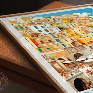 May include: A colourful illustration of a seaside town with buildings stacked on top of each other. The buildings are painted in shades of yellow, orange, red, and green. There are people walking around the town and umbrellas on the street.