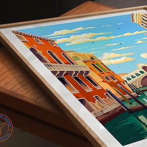 Puede incluir: Una ilustraci&oacute;n colorida de un canal en Venecia, Italia. La imagen presenta un puente, edificios y un cielo azul con nubes blancas.