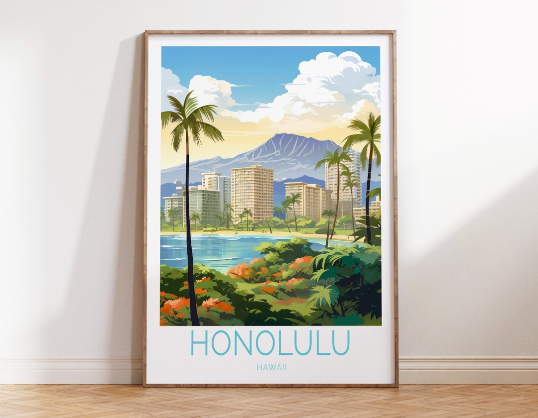 Honolulu Hawaii Waikiki Beach Coastal Travel Poster, Waikiki Hawaii