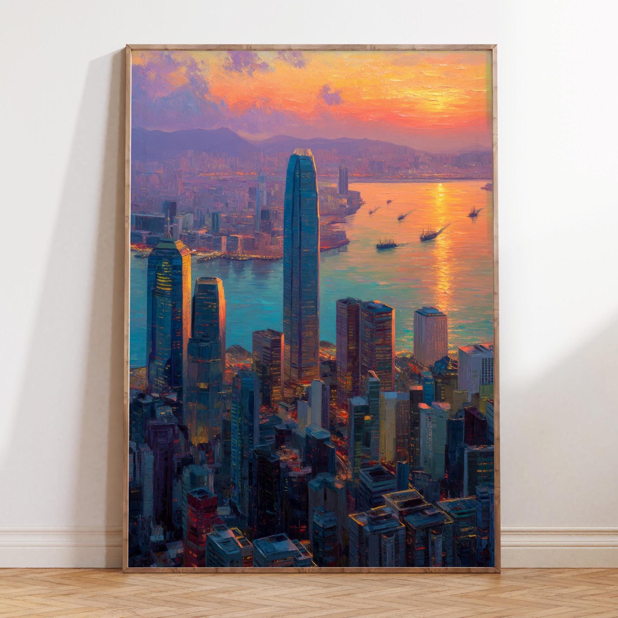 Hong Kong Oil Painting – Victoria Harbour Skyline Wall Art, Sunset