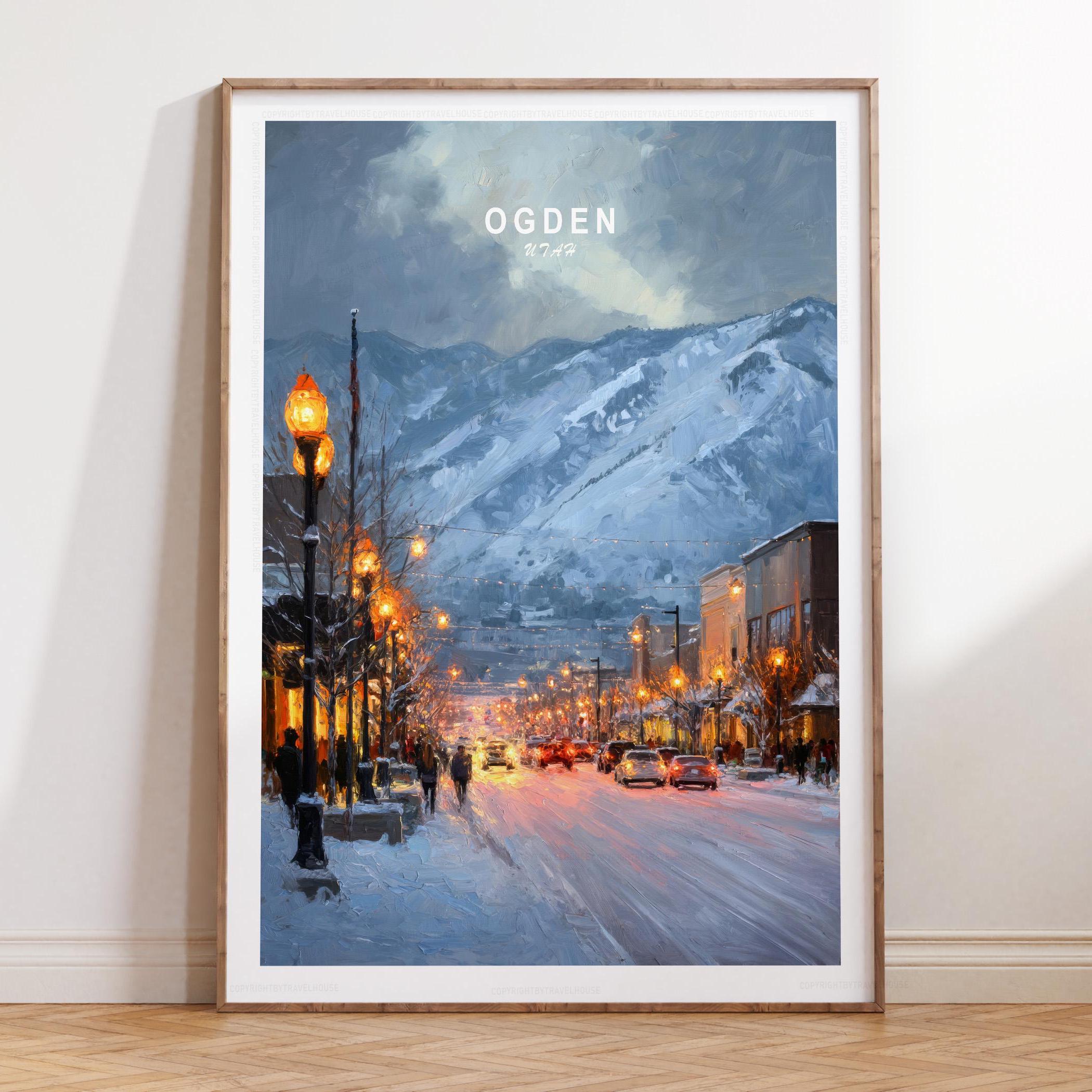 Oil Painting Travel Poster, Ogden Utah Winter Street Scene