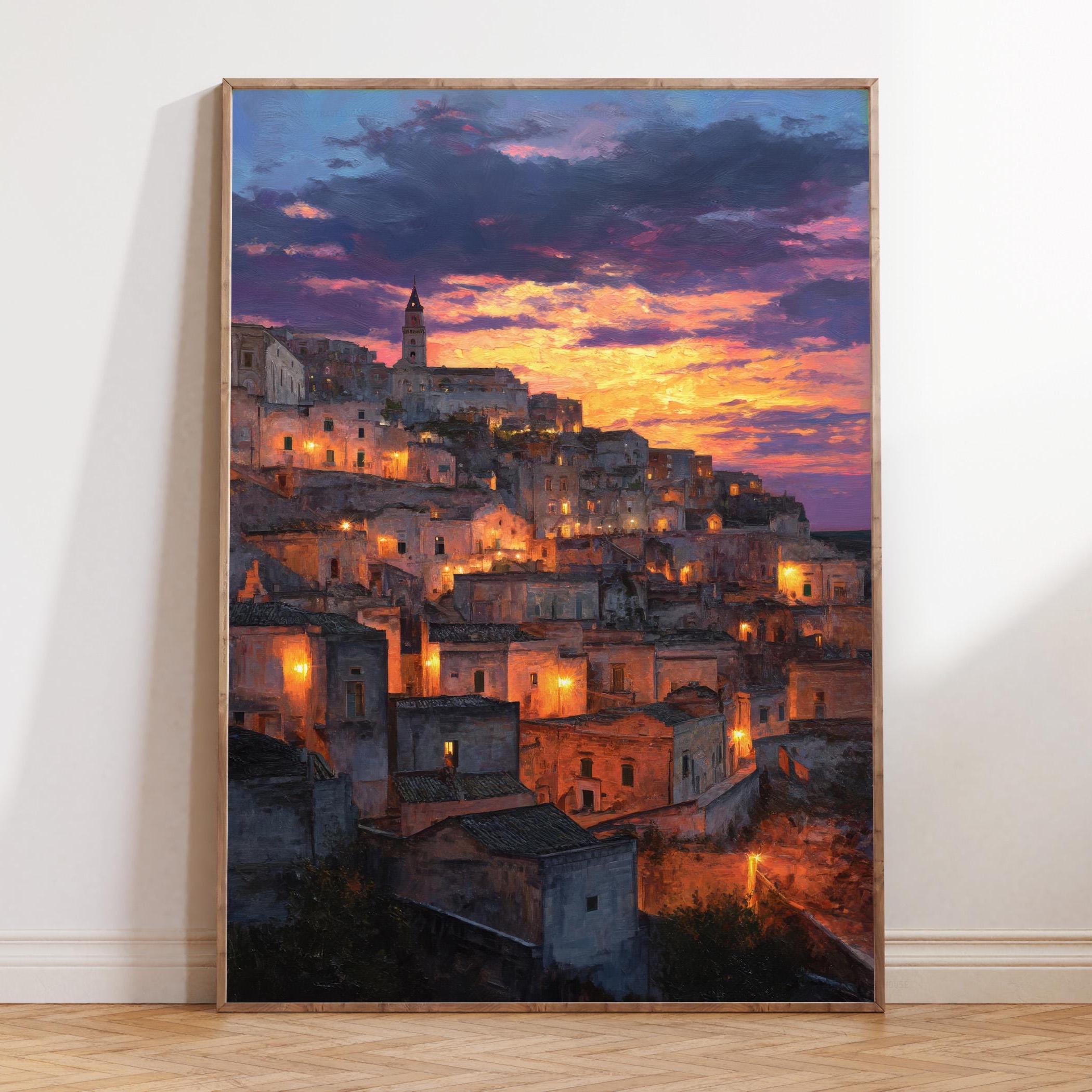 マテーラ（イタリア）の油絵 - 夕焼けの街並みを描いたウォールアート