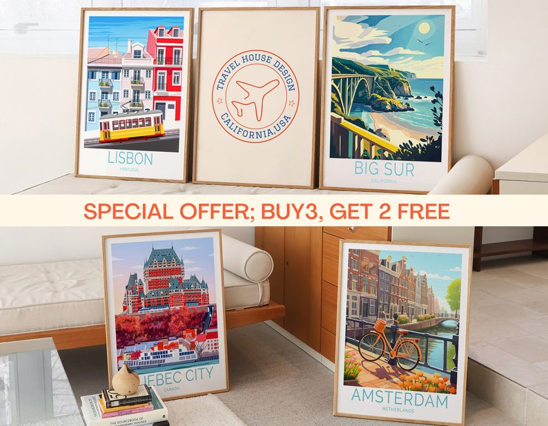 K&ouml;nnte beinhalten: F&uuml;nf gerahmte Reiseposter mit bunten Illustrationen von St&auml;dten aus aller Welt. Die Poster zeigen Lissabon, Kalifornien, Big Sur, Quebec City und Amsterdam. Die Poster sind in einem Raster auf einer wei&szlig;en Wand angeordnet. Der Text "SONDERANGEBOT: 3 KAUFEN, 2 GRATIS ERHALTEN" ist unter den Postern zu sehen.