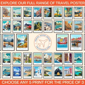 Op de afbeelding: Een verzameling ingelijste reisposters met verschillende bestemmingen, waaronder Zion, Amsterdam en Lake Tahoe. De posters zijn gerangschikt in rijen en kolommen, met de tekst "EXPLORE OUR FULL RANGE OF TRAVEL POSTER" bovenaan en "CHOOSE ANY 5 PRINT FOR THE PRICE OF 3" onderaan.