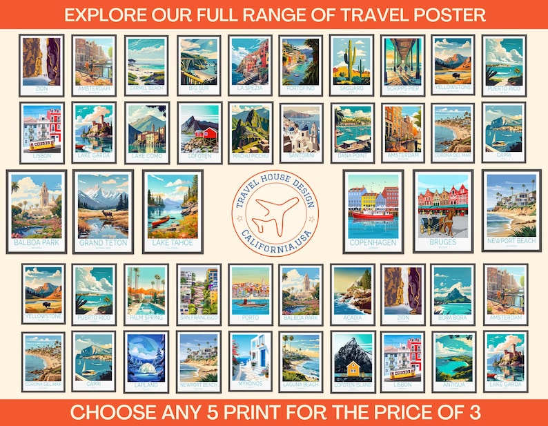 Op de afbeelding: Een verzameling ingelijste reisposters met verschillende bestemmingen, waaronder Zion, Amsterdam en Lake Tahoe. De posters zijn gerangschikt in rijen en kolommen, met de tekst "EXPLORE OUR FULL RANGE OF TRAVEL POSTER" bovenaan en "CHOOSE ANY 5 PRINT FOR THE PRICE OF 3" onderaan.