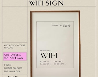 Placa de Wifi Airbnb, Modelo Canva Editável, Placa de Wifi para Aluguel de Curto Prazo para Imprimir, Placa de Airbnb Moderna