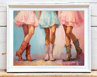 May include: Three pairs of legs wearing pink and blue dresses and cowboy boots. The boots are red, pink, and brown. The background is a blurred, colourful, abstract painting.