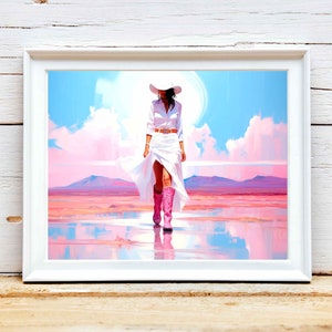 Cowgirl Boot Painting, Cowgirl decor, Western Printable Wall Art, Retro Apartment Print, Girly Dorm Room Decor, Pink, Blue, Retro Western
