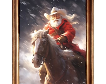 Lámina artística de Papá Noel vaquero: Decoración retro del Oeste (descarga digital)