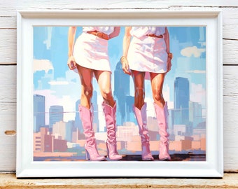 Pink cowgirl boots painting print, Girly Apartment, Preppy Dorm Room Wall Art, Retro Western Downloadable Trendy Print, ink Cowgirl Painting
