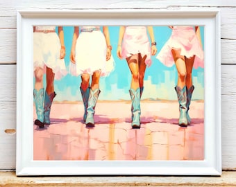 May include: Four women wearing white and pink skirts and blue cowboy boots walk on a pink and blue background.